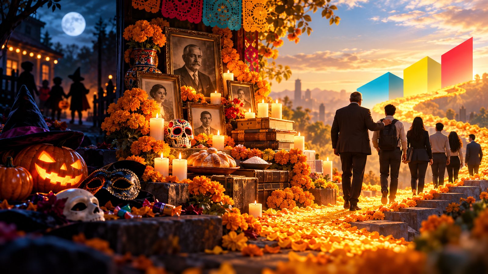 Ilustración: un altar de Día de Muertos con retratos y cempasúchil, entre símbolos de Halloween y un sendero de pétalos por el que un mentor guía a jóvenes hacia el horizonte